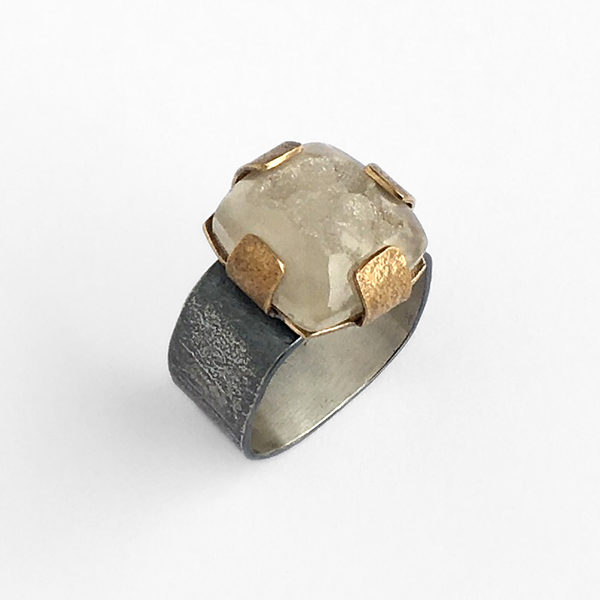 Brazilian white quartz druzy ring with sterling silver and golden bronze. Jane Pellicciotto