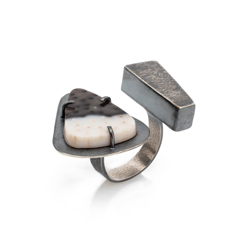Industrial style sterling silver ring with petrified palm wood