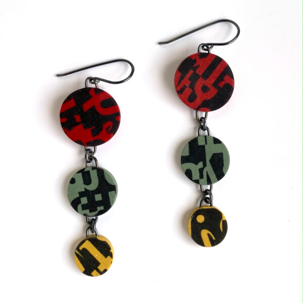 Type collage polymer clay dangle earrings. Jane Pellicciotto