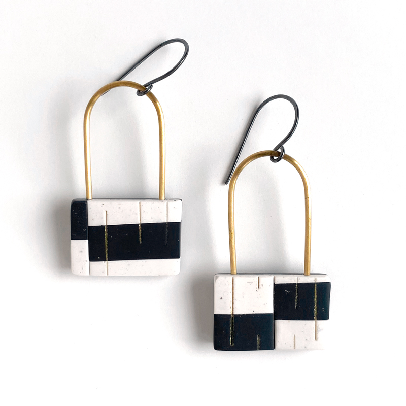 Checkerboard earrings. Polymer clay, brass, sterling silver. Jane Pellicciotto
