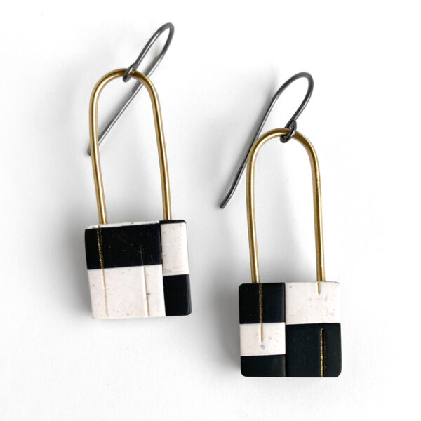 Checkerboard earrings. Polymer clay, brass, sterling silver. Jane Pellicciotto