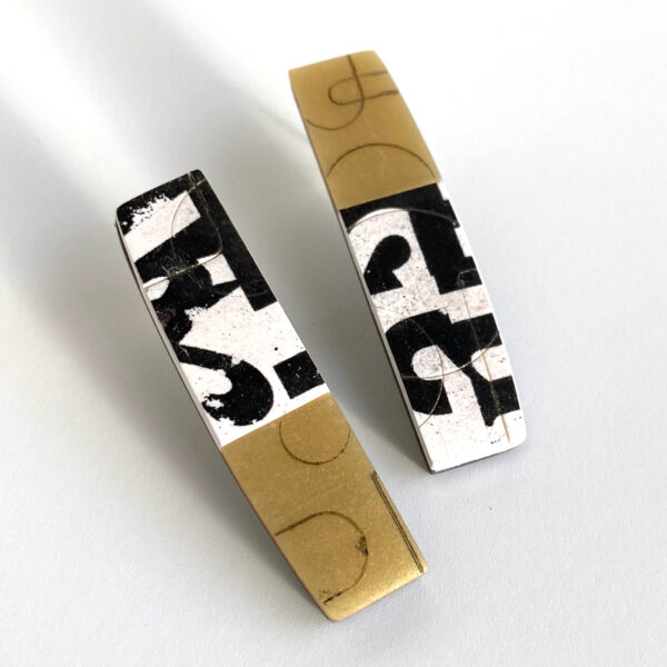 Black, white and gold abstract letterform collage earrings. Polymer clay. Jane Pellicciotto