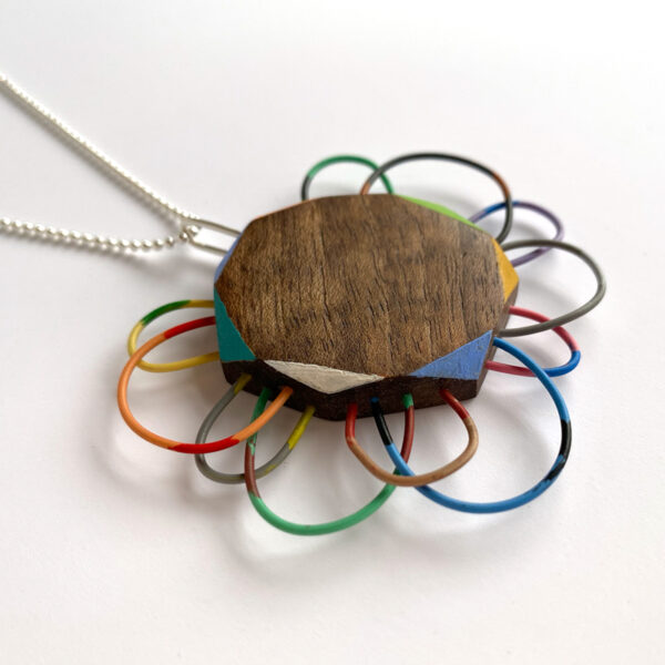 Flower Power Pendant. Reclaimed electrical wire, wood and sterling silver. Jane Pellicciotto