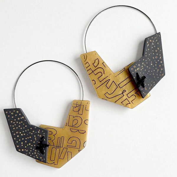 Polymer clay angular hoop earrings with golden sparkle and texture. Jane Pellicciotto