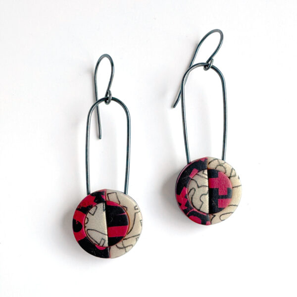 Type collage drop earrings. Polymer clay. Jane Pellicciotto