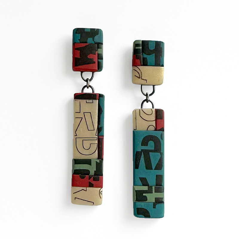 Color block typography earrings. Polymer clay, sterling silver. Jane Pellicciotto