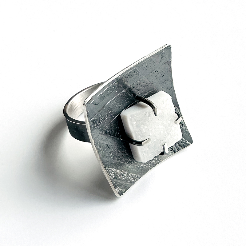 Sterling silver tile ring with white druzy quartz. Jane Pellicciotto